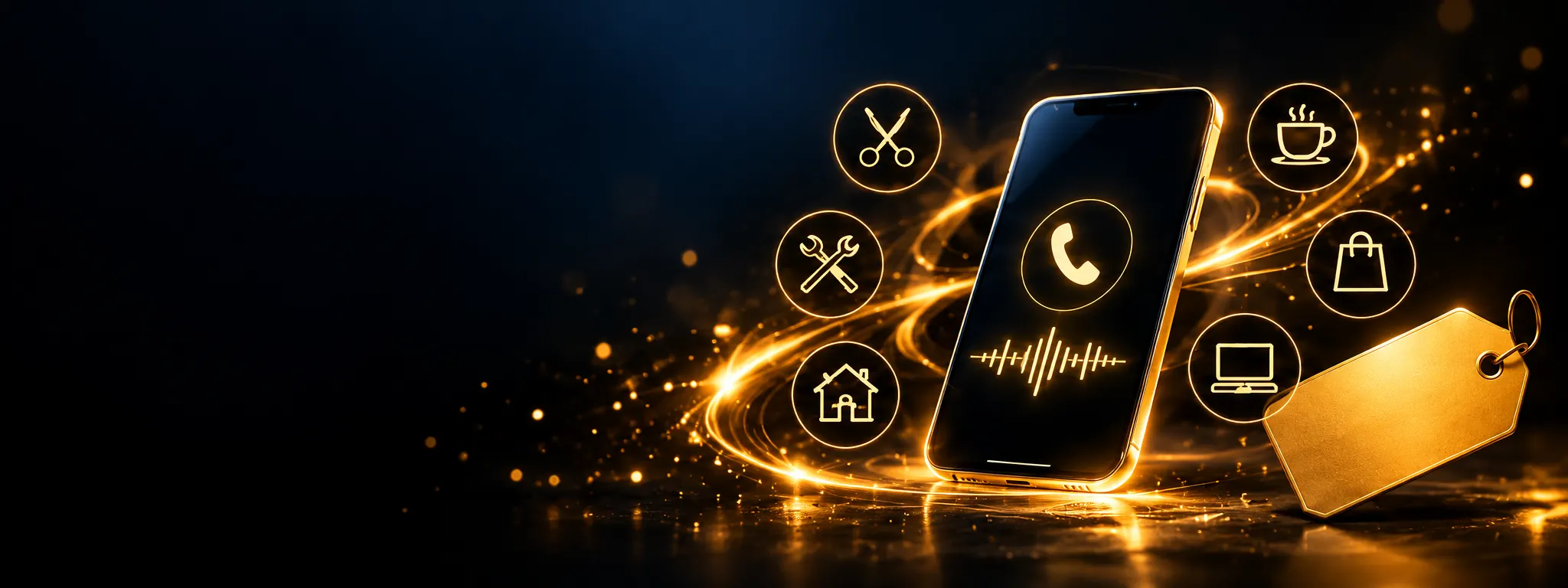 Smartphone mit eingehendem Anruf, umgeben von Symbolen für verschiedene Branchen, daneben ein goldenes Preisschild